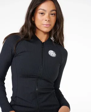 Premium Surf Zip Thru Long Sleeve UV Rash Vest - Black