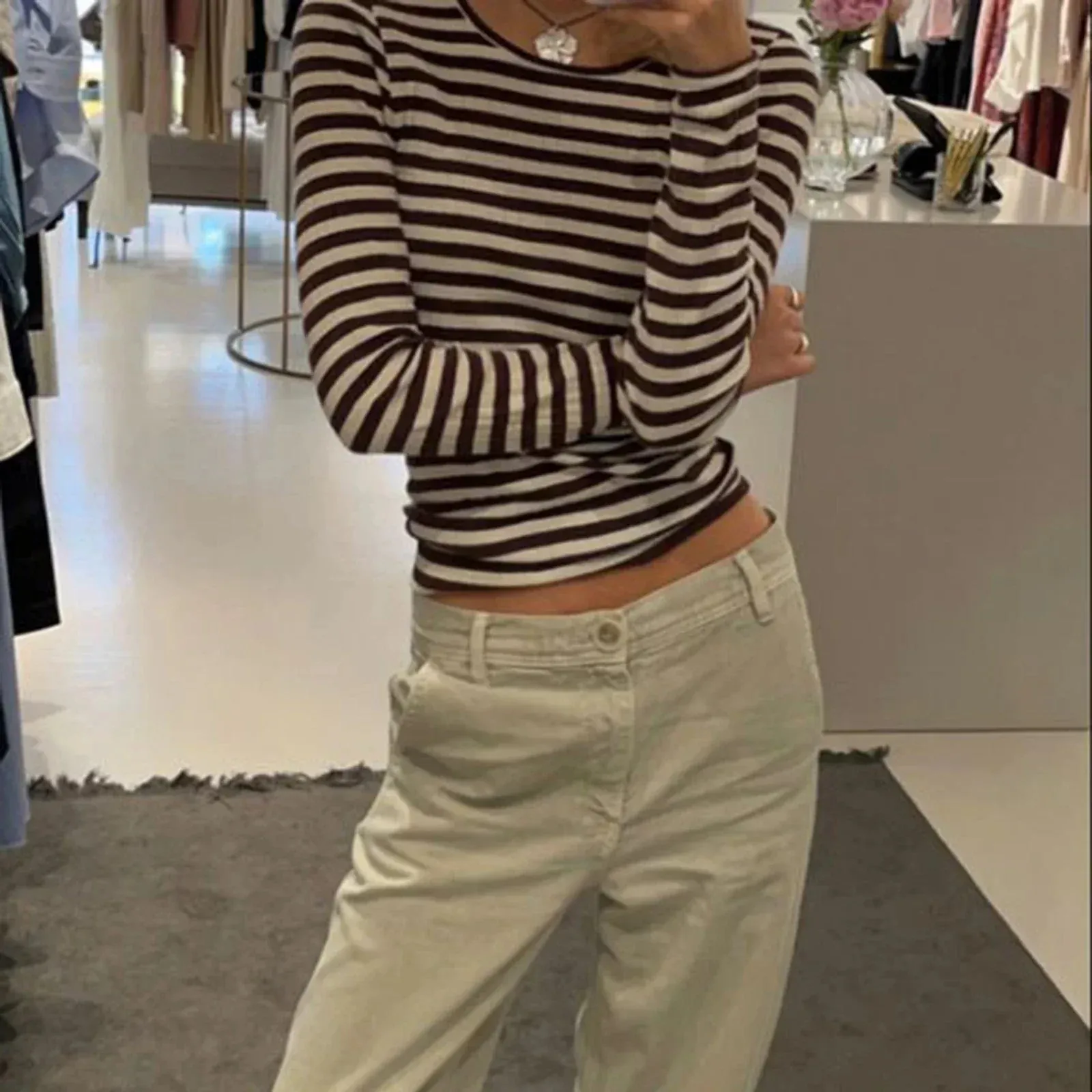 Preppy Y2K Striped Rib Knitted Crop Long Sleeve Knit Top
