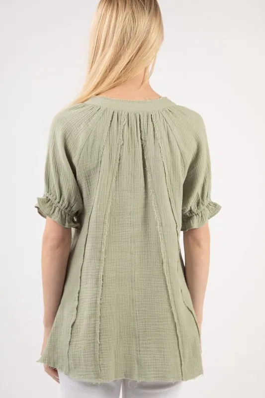 Puff Sleeve Cotton Gauze Shirts Blouse T