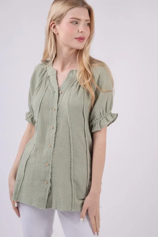 Puff Sleeve Cotton Gauze Shirts Blouse T