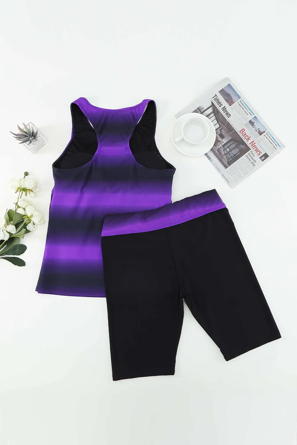 Purple Black Ombre Print Racerback Tankini Swimsuit