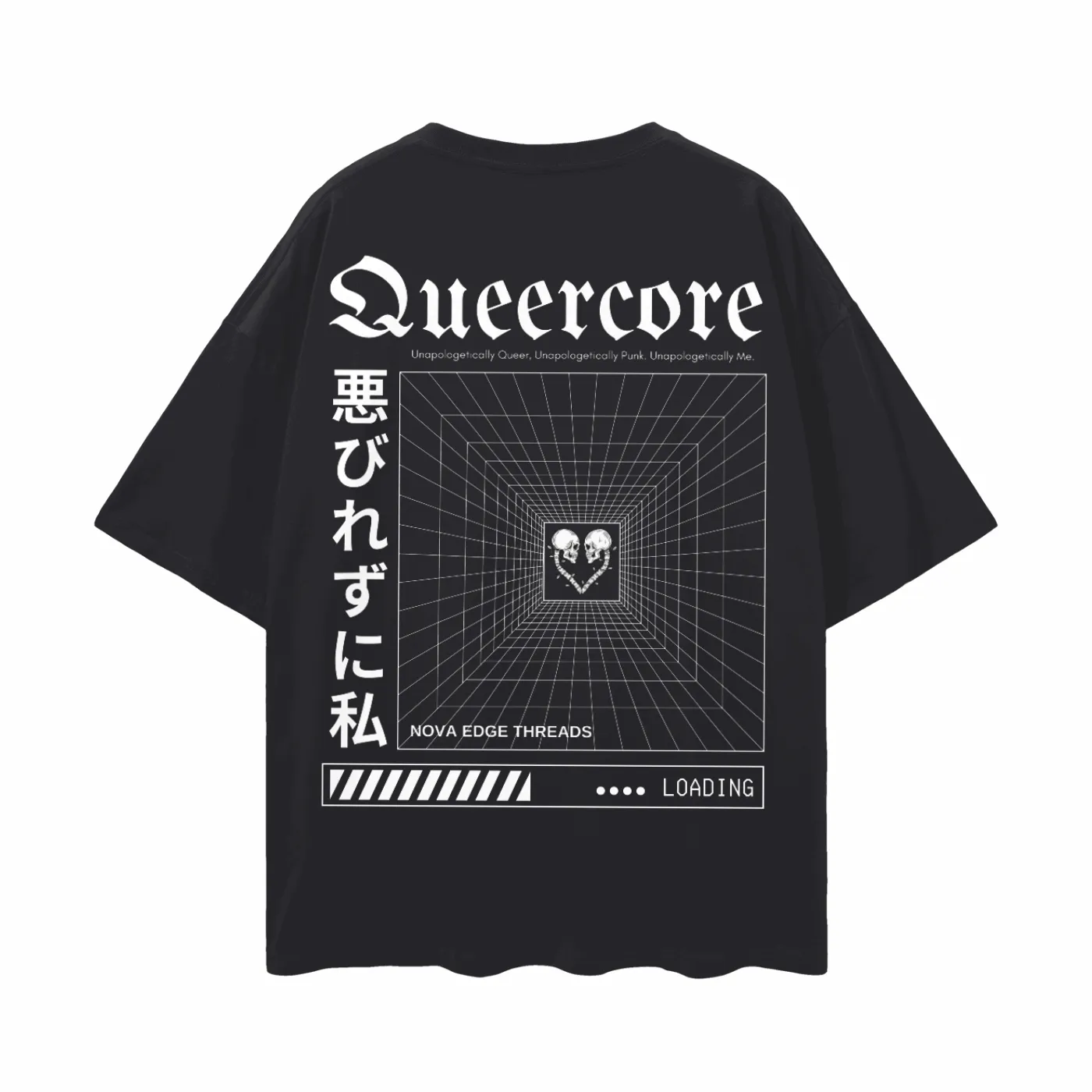 Queercore Graphic T-Shirt Punk Gothic Japanese Streetwear Style back of Black Oversize Deep Drop Shoulder Tee