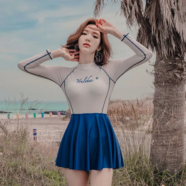 Rash Guards Women Long Sleeve Bathing Suit Swim Shirt Female Swimwear Skirt Surfing Lycra Swimsuit Girls Diving Suit Rashguard