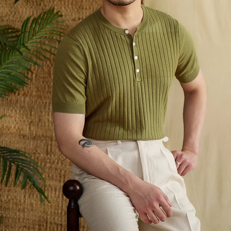 Ribbed Pleated Knit Henley T-Shirt