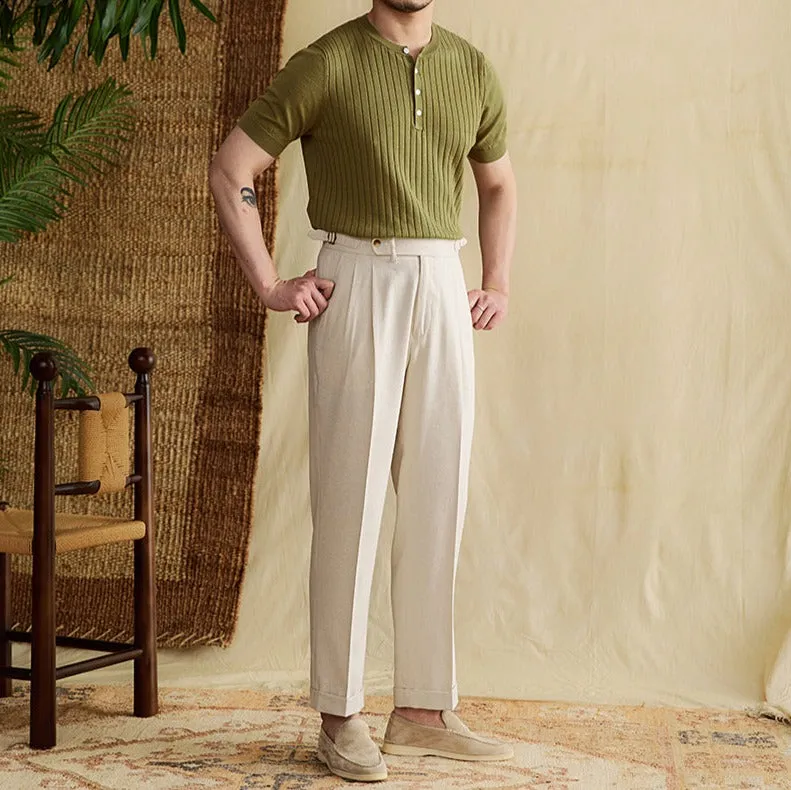 Ribbed Pleated Knit Henley T-Shirt