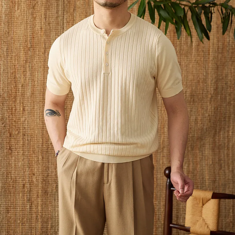 Ribbed Pleated Knit Henley T-Shirt