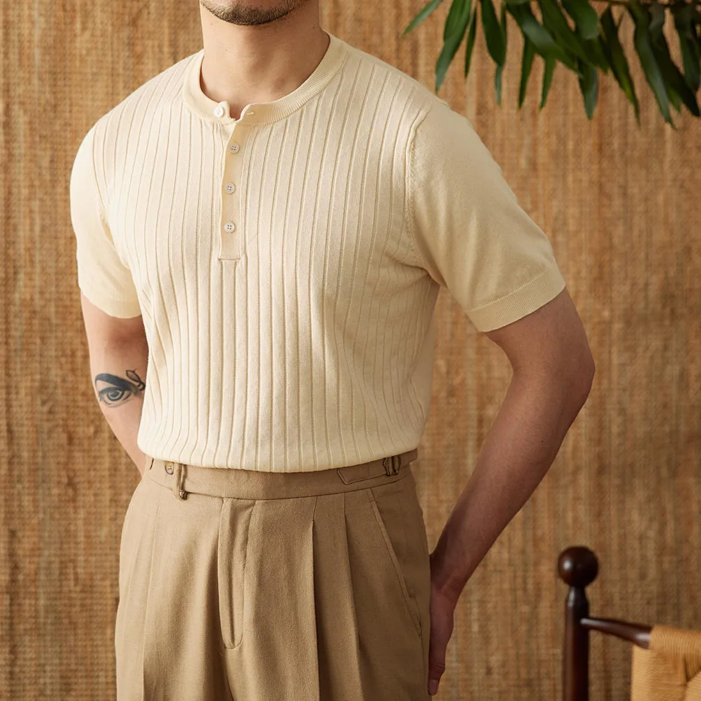 Ribbed Pleated Knit Henley T-Shirt