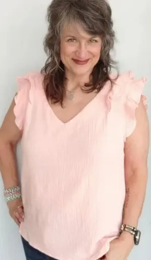 Ruffle Edge Gauze V Neck Top in Blush