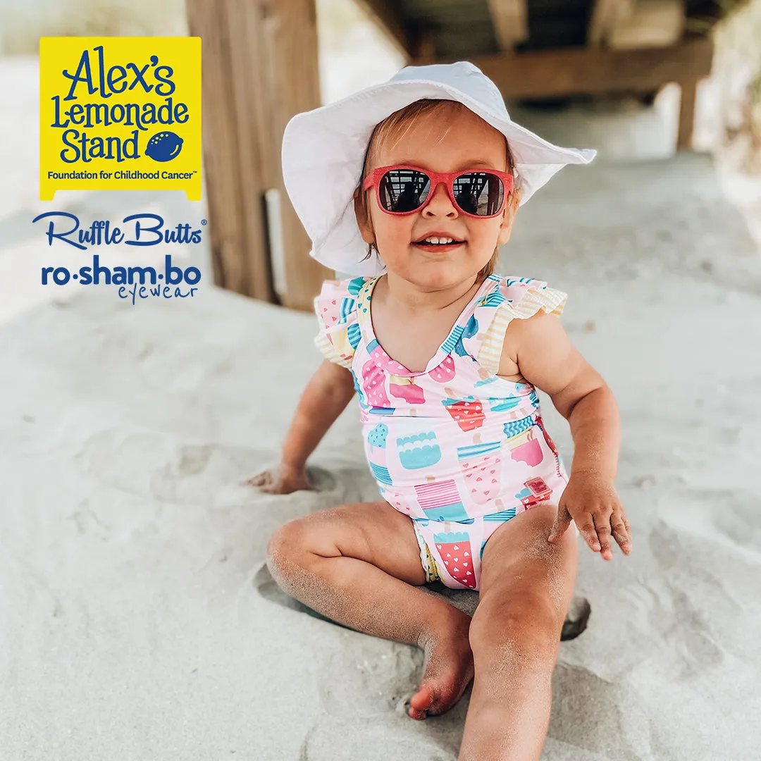 RuffleButts Baby Ice Cream One Piece with Roshambo Pink Glitter Sunglasses