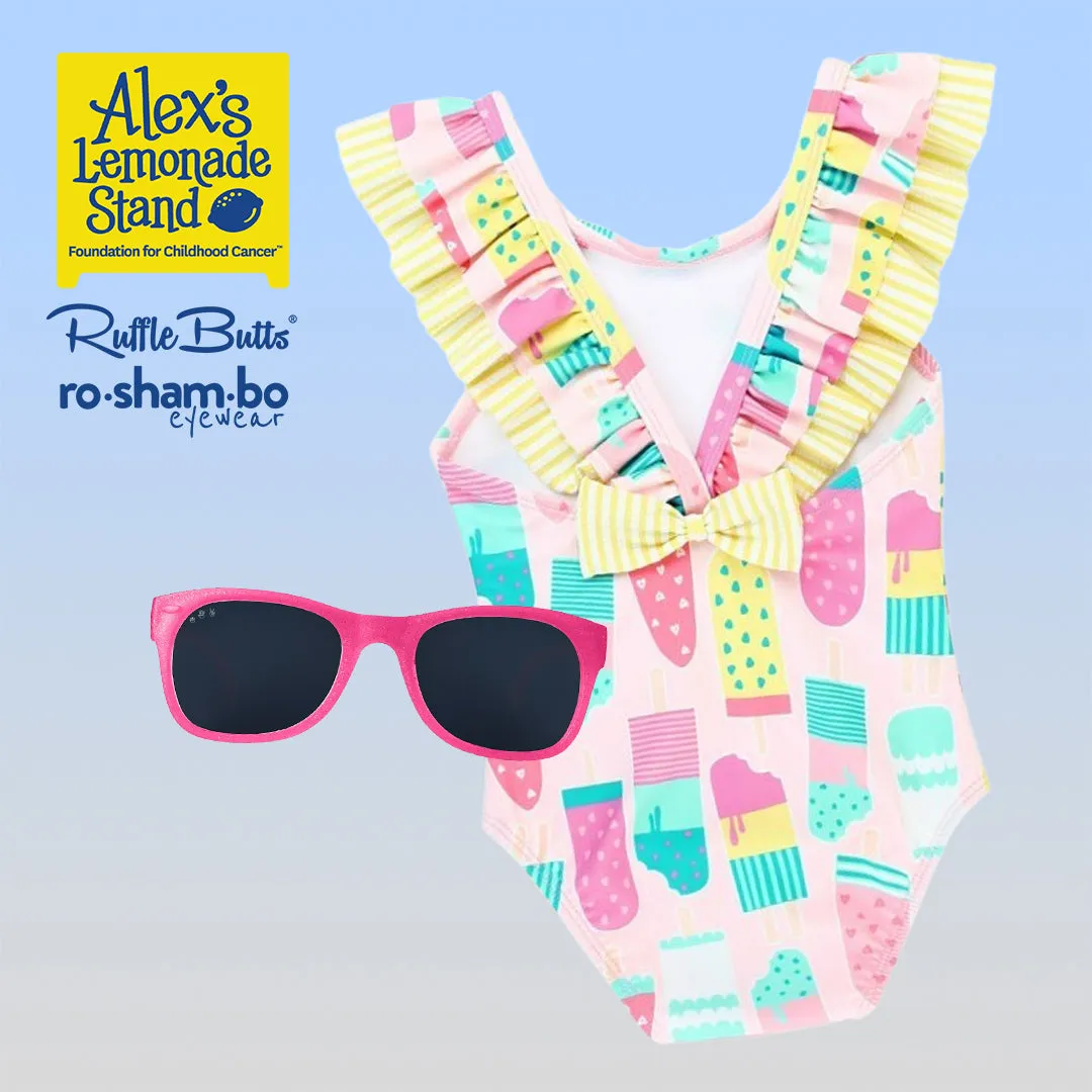 RuffleButts Baby Ice Cream One Piece with Roshambo Pink Glitter Sunglasses
