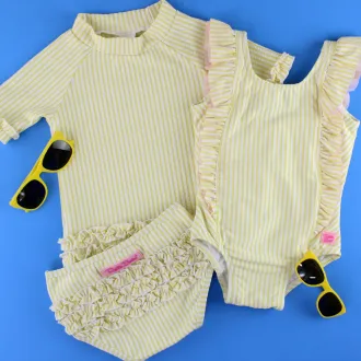 RuffleButts Baby Seersucker Rash Guard Bikini with Roshambo Yellow Sunglasses