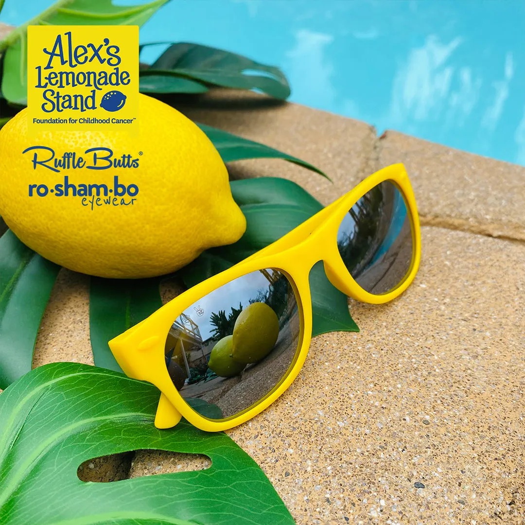 RuffleButts Baby Seersucker Rash Guard Bikini with Roshambo Yellow Sunglasses