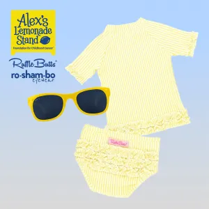 RuffleButts Baby Seersucker Rash Guard Bikini with Roshambo Yellow Sunglasses