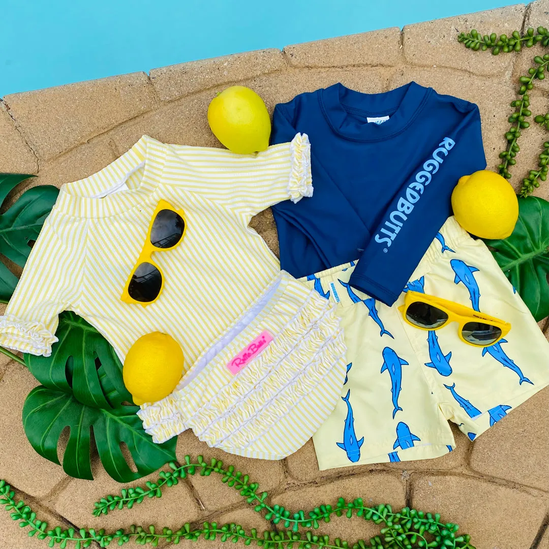 RuffleButts Baby Seersucker Rash Guard Bikini with Roshambo Yellow Sunglasses