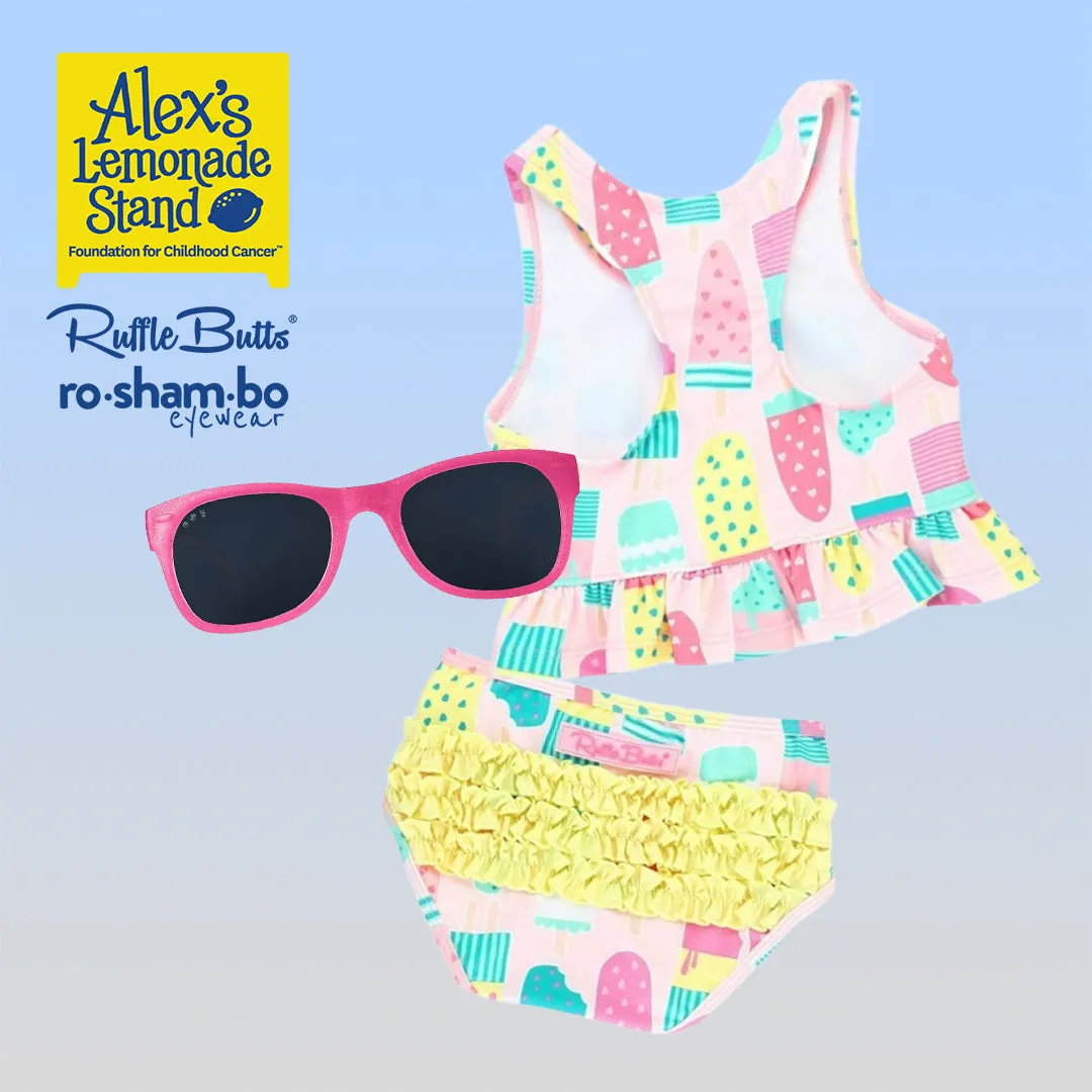 RuffleButts Girls Ice Cream Tankini with Roshambo Pink Glitter Sunglasses