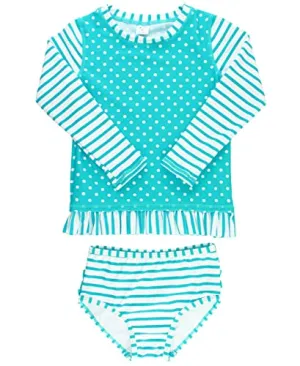 RuffleButts Little Girls Aqua Striped Polka LS Rash Guard Bikini - Aqua/White - 3T