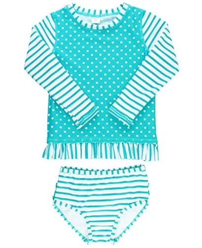 RuffleButts Little Girls Aqua Striped Polka LS Rash Guard Bikini - Aqua/White - 3T