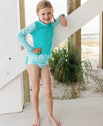 RuffleButts Little Girls Aqua Striped Polka LS Rash Guard Bikini - Aqua/White - 3T