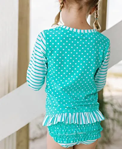 RuffleButts Little Girls Aqua Striped Polka LS Rash Guard Bikini - Aqua/White - 3T