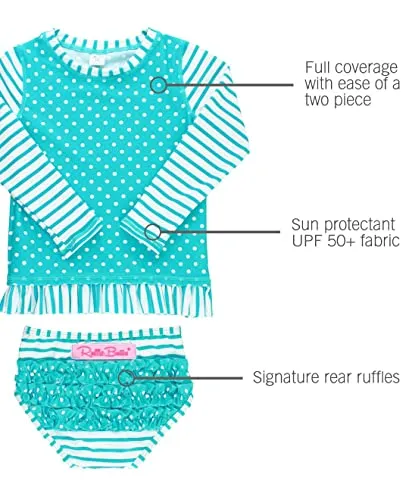 RuffleButts Little Girls Aqua Striped Polka LS Rash Guard Bikini - Aqua/White - 3T