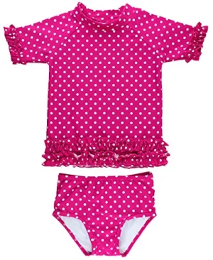 RuffleButts Little Girls Berry Polka Dot Ruffled Rash Guard Bikini - Berry - 3T