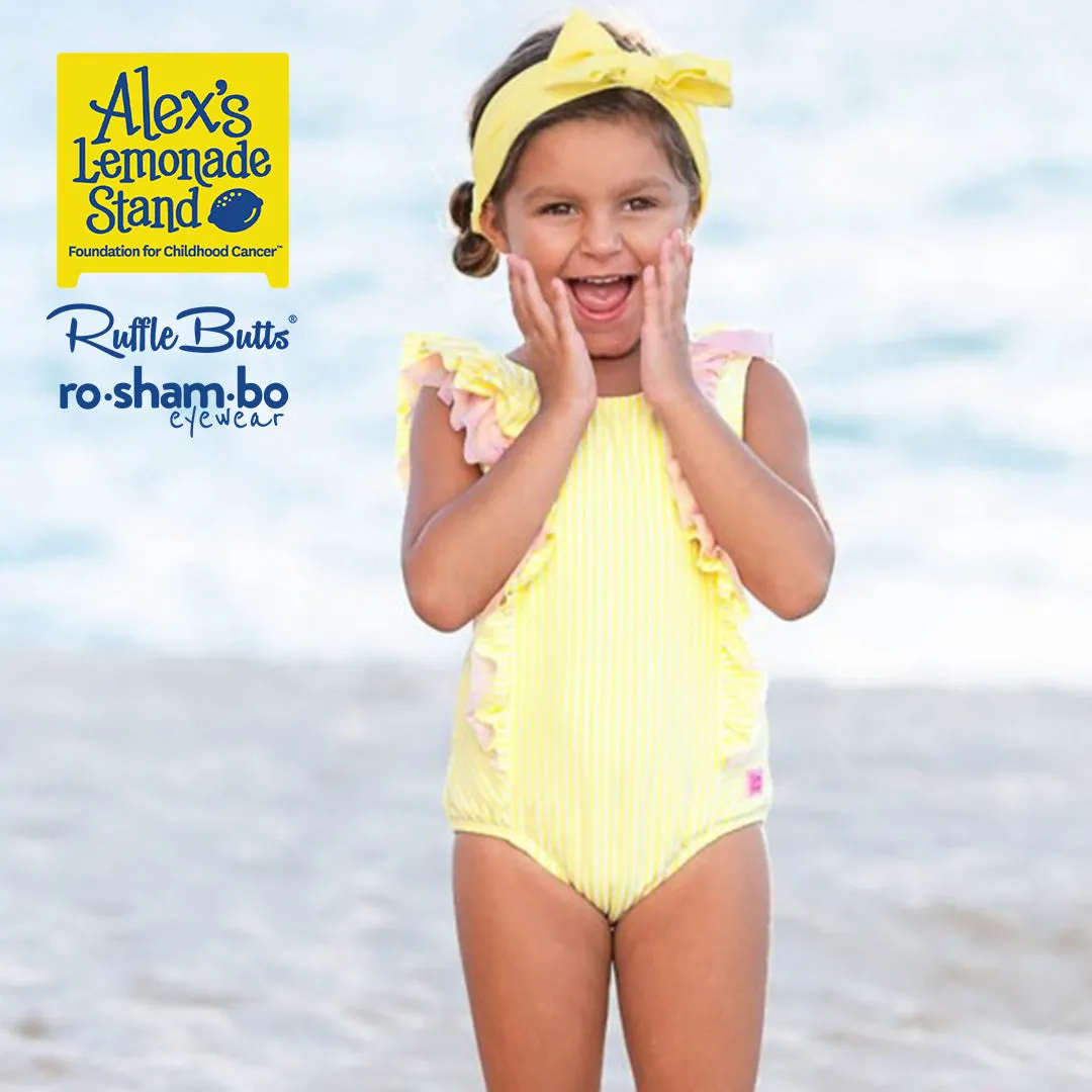 RuffleButts Toddler Seersucker One Piece with Roshambo Yellow Sunglasses