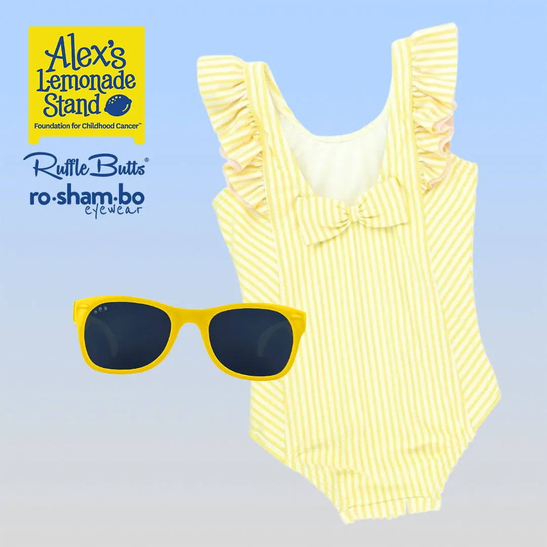 RuffleButts Toddler Seersucker One Piece with Roshambo Yellow Sunglasses