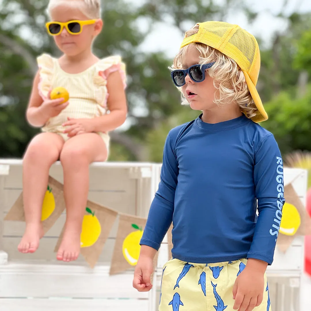 RuggedButts Baby Jawsome Swim Trunks & Rash Guard with Roshambo Navy Sunglasses