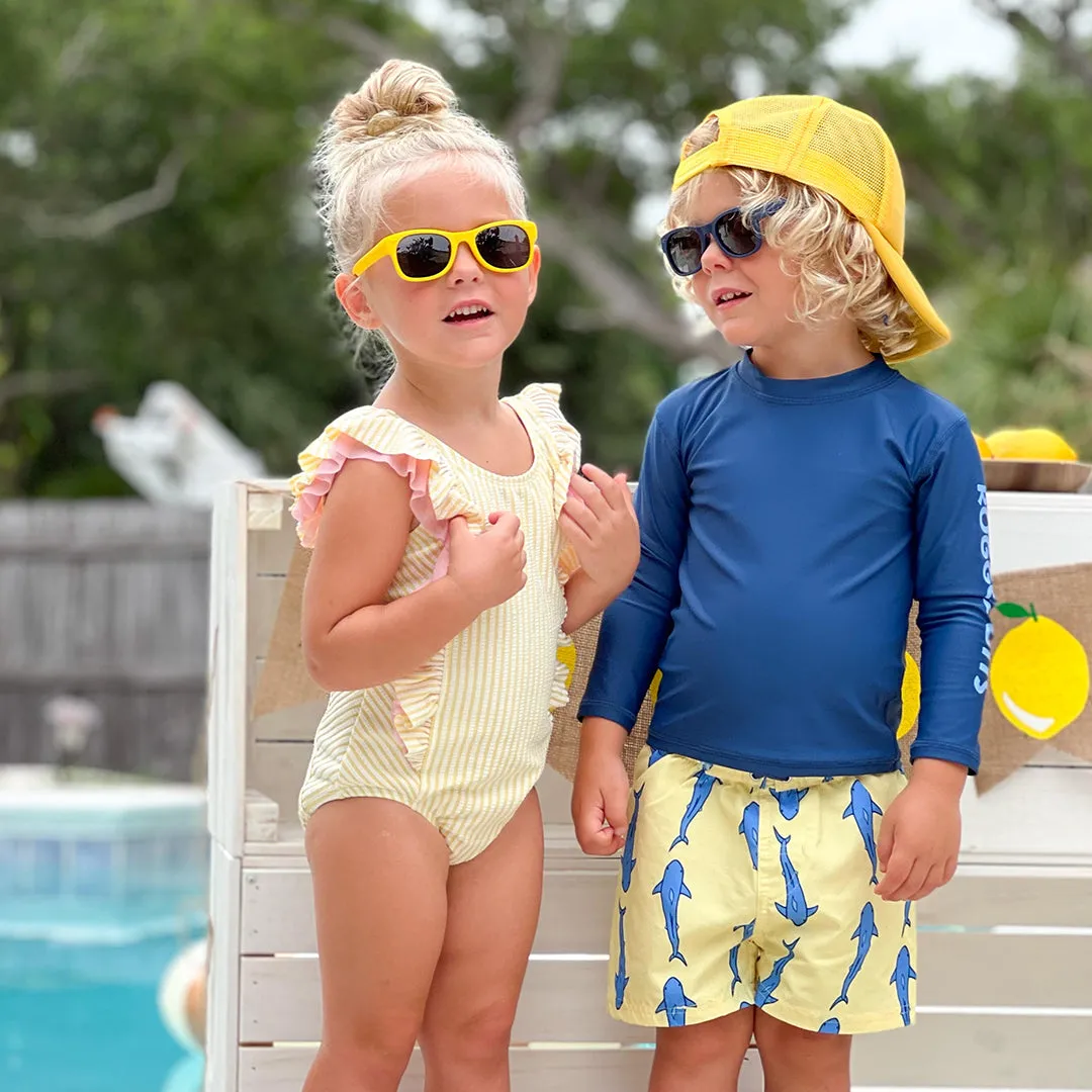 RuggedButts Baby Jawsome Swim Trunks & Rash Guard with Roshambo Navy Sunglasses