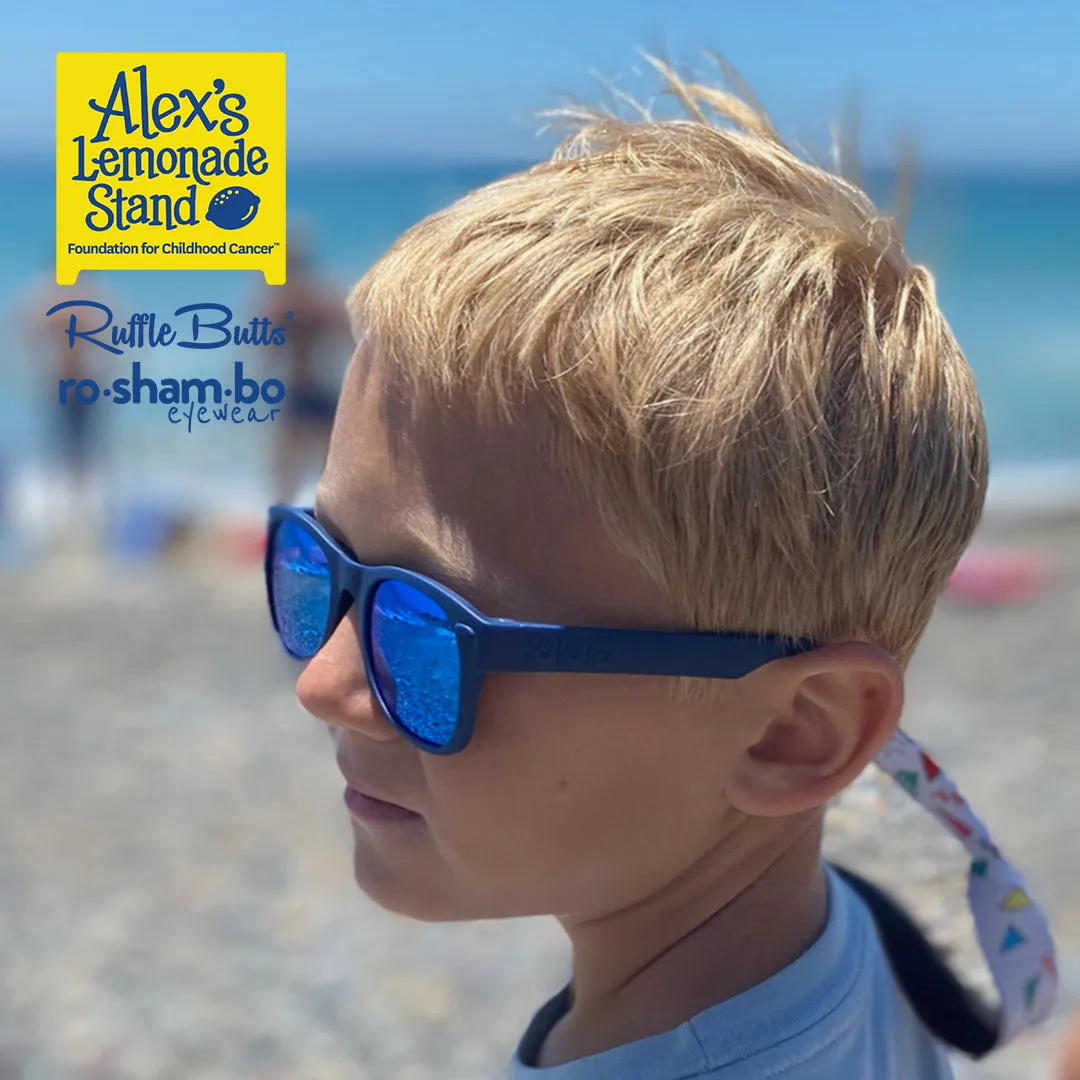 RuggedButts Boys Jawsome Swim Trunks & Rash Guard with Roshambo Navy Sunglasses