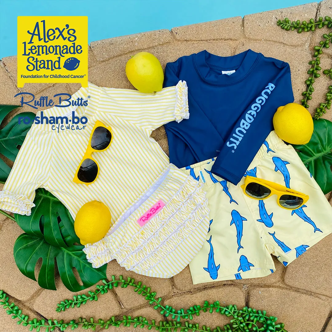 RuggedButts Boys Jawsome Swim Trunks & Rash Guard with Roshambo Navy Sunglasses