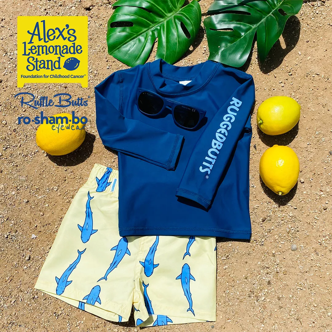 RuggedButts Boys Jawsome Swim Trunks & Rash Guard with Roshambo Navy Sunglasses