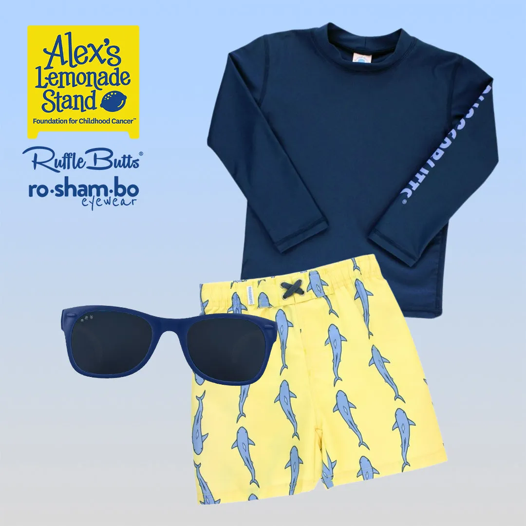 RuggedButts Boys Jawsome Swim Trunks & Rash Guard with Roshambo Navy Sunglasses