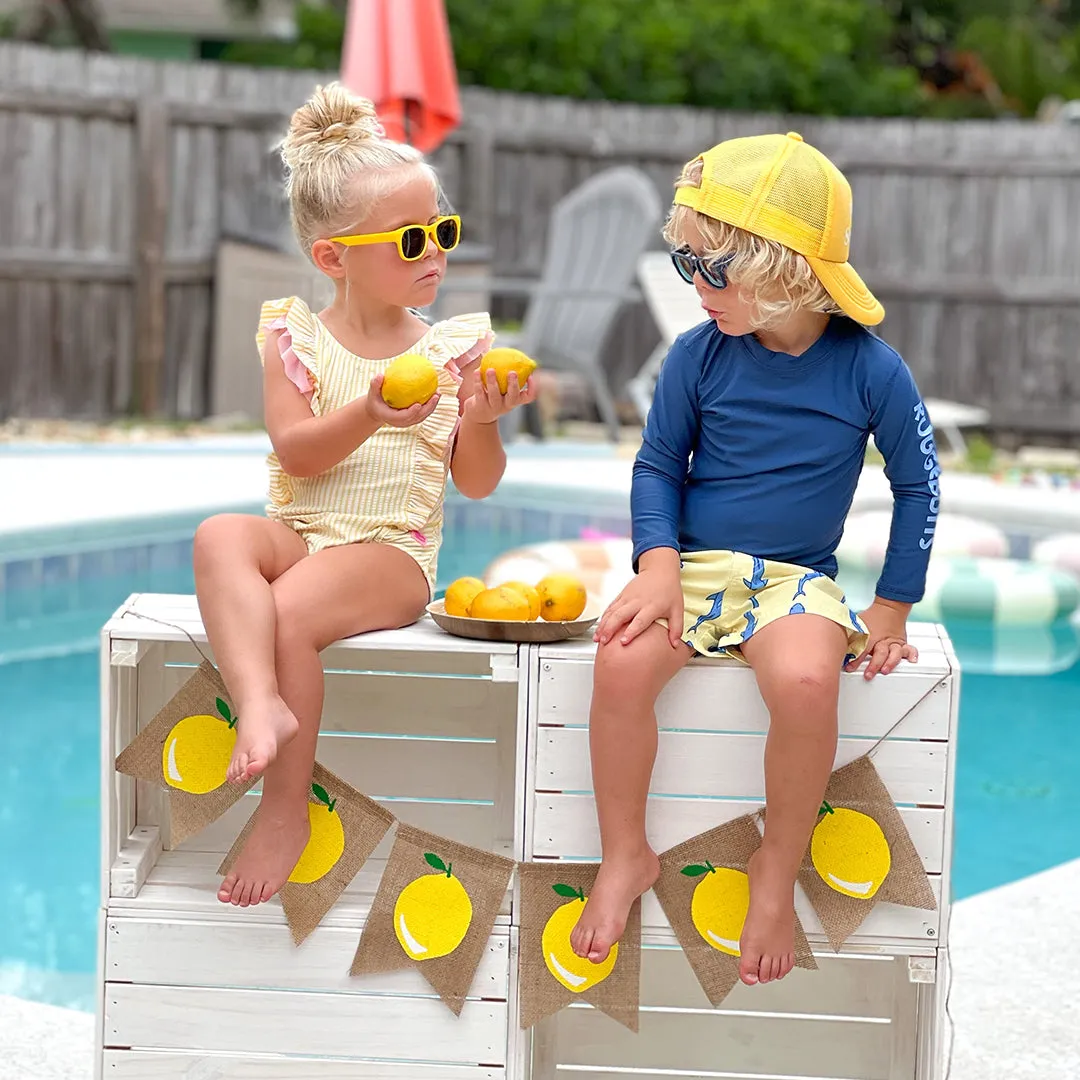 RuggedButts Boys Jawsome Swim Trunks & Rash Guard with Roshambo Navy Sunglasses