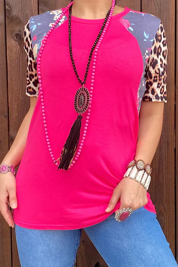 S, L, XL, 3X Pink Top with grey floral & leopard short sleeves