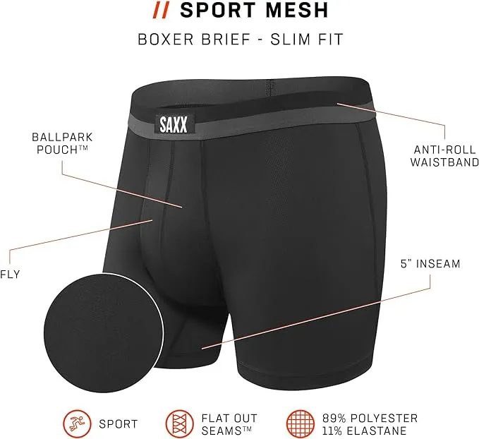 SAXX Underwear, Sport Mesh BB Fly, Color Black, Size XL