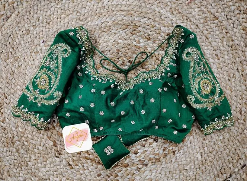 Scalloped neck bridal blouse with heavy zardozi embroidery work-  Emerald Green