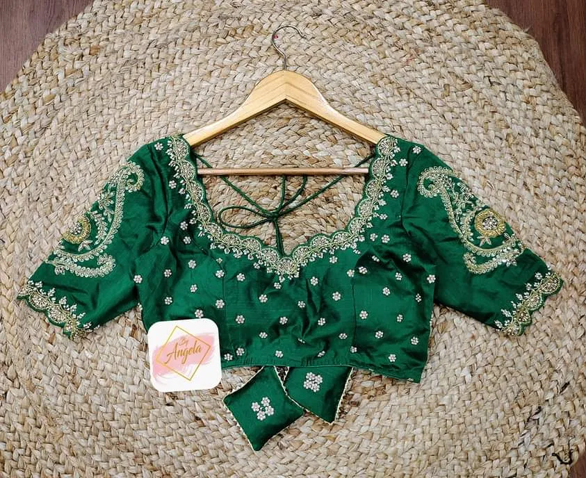 Scalloped neck bridal blouse with heavy zardozi embroidery work-  Emerald Green
