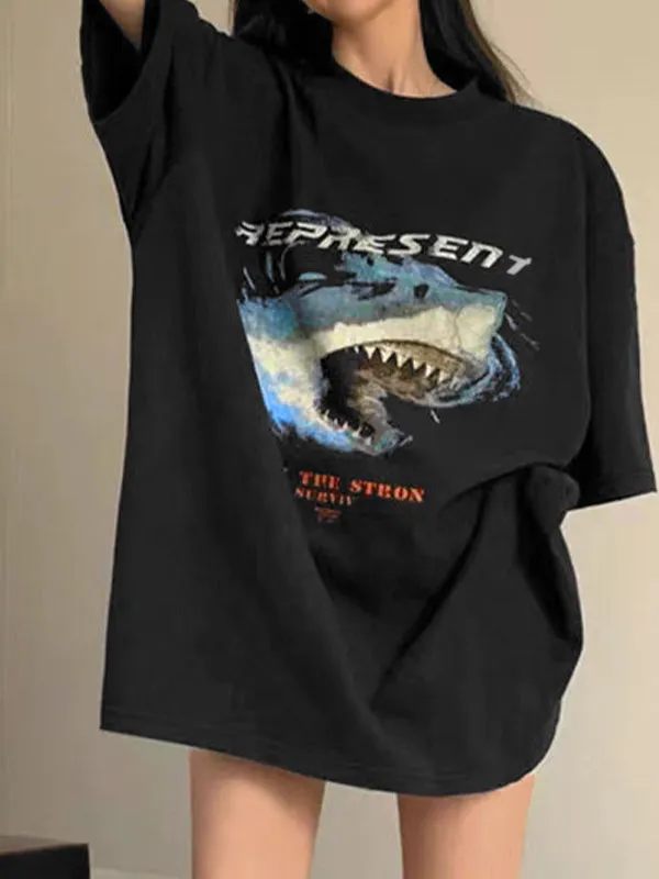 Schwarzes Vintage Oversize T-Shirt mit Animal Print und Kurzen Ärmeln