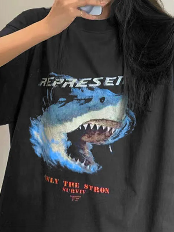 Schwarzes Vintage Oversize T-Shirt mit Animal Print und Kurzen Ärmeln
