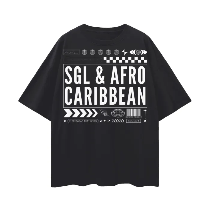 SGL & Afro Caribbean Graphic Tee Intersectional Pride Gear Streetwear Style on front of Black Oversize Deep Drop Shoulder Tee - 190 GSM