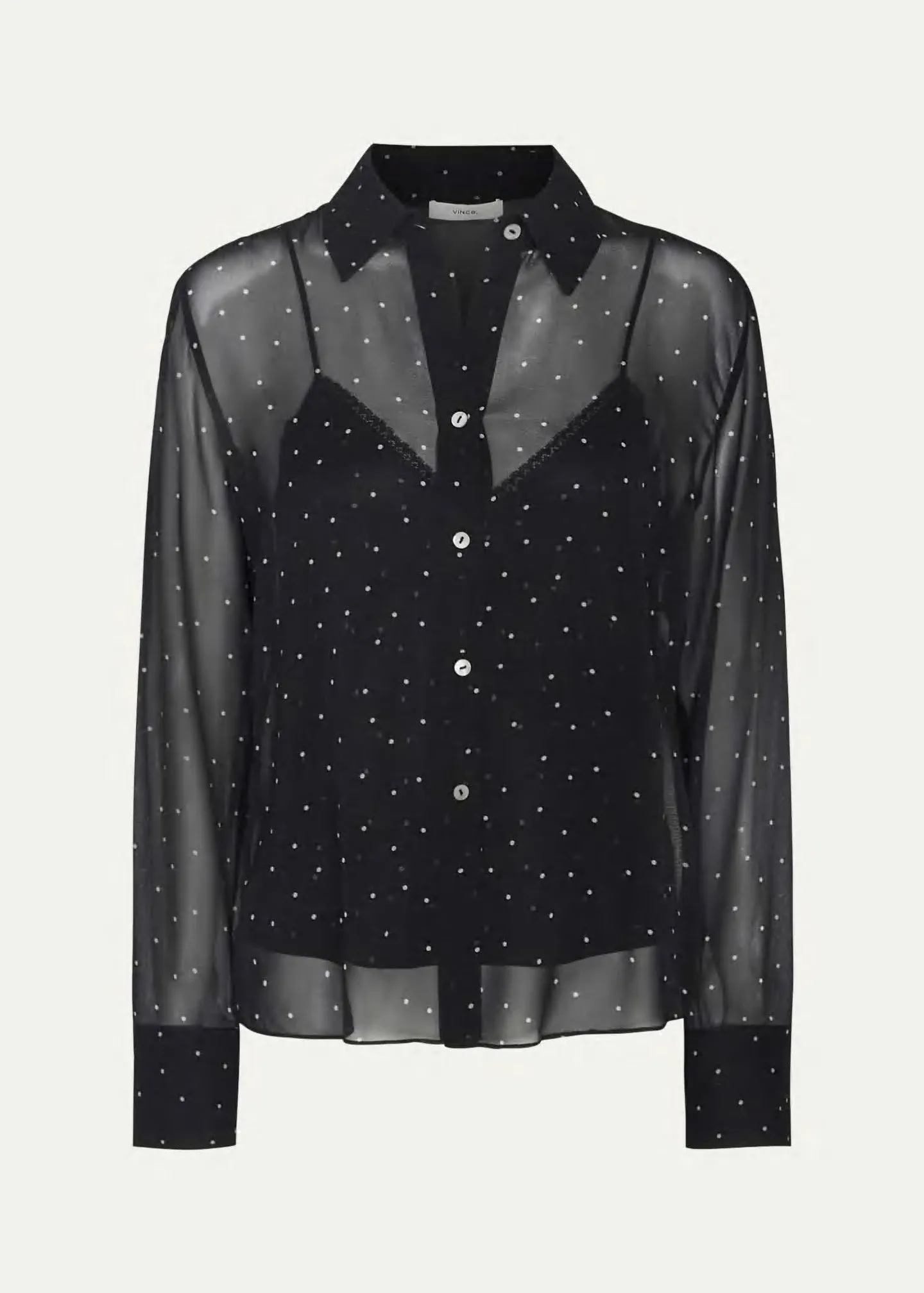 Sheer Dot Blouse with Lace Trim Cami (Black)
