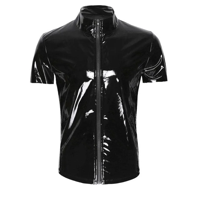 Shiny PVC Faux Leather Bodycon Short Sleeve Zipper Turtleneck Top