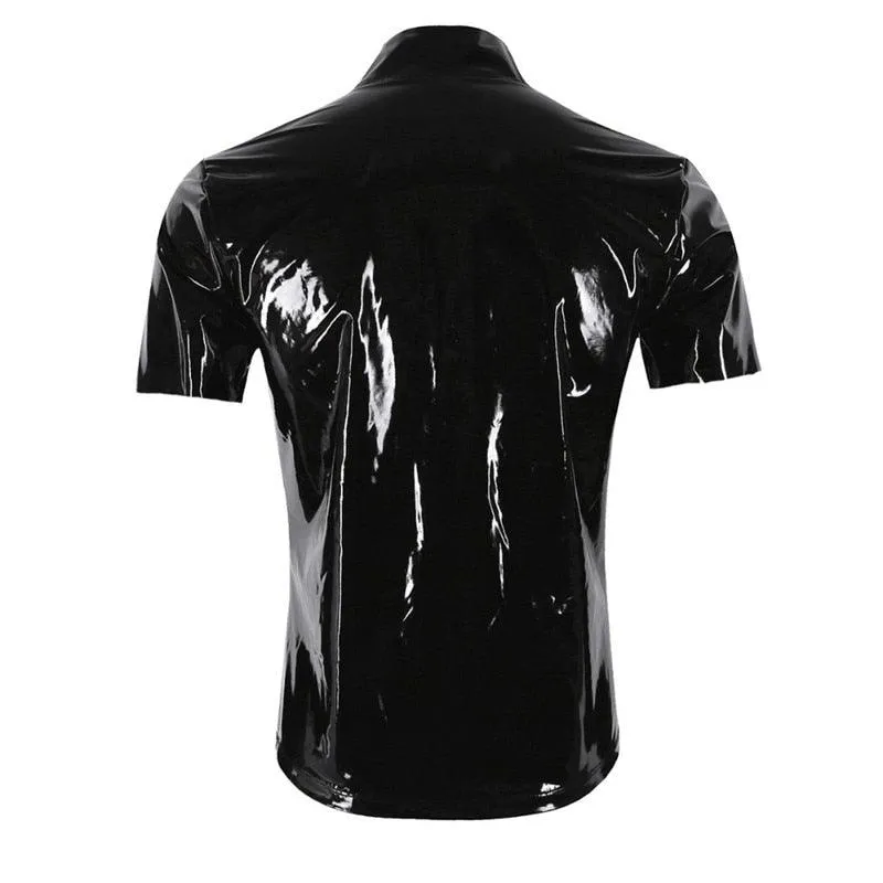 Shiny PVC Faux Leather Bodycon Short Sleeve Zipper Turtleneck Top