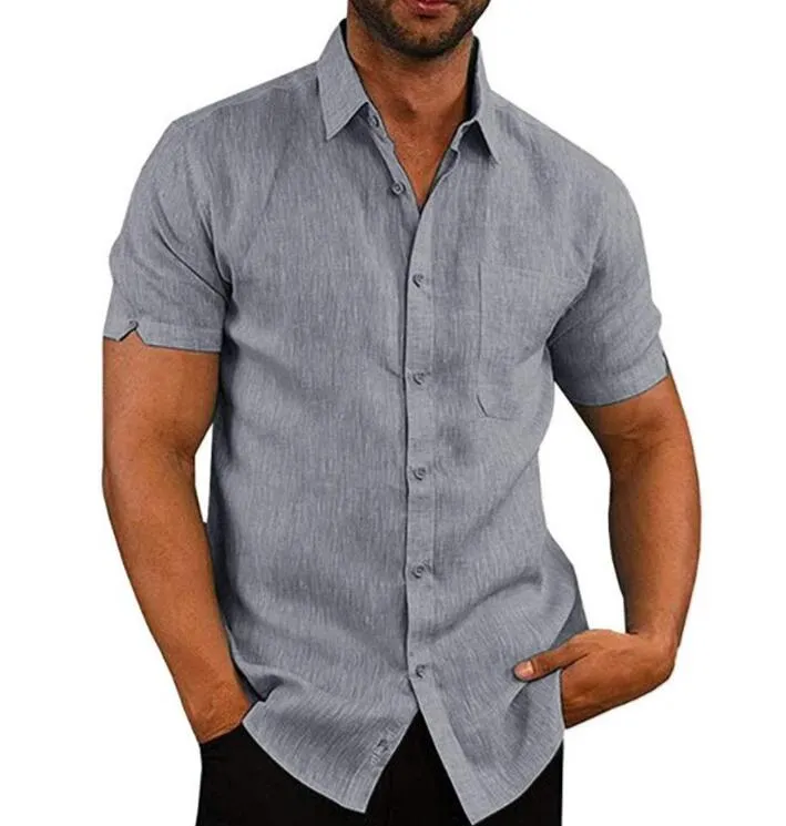 Short Sleeve Shirt Men Lapel Neck Button Pockets Solid Male Blouse Tops Men Brand Clothes
