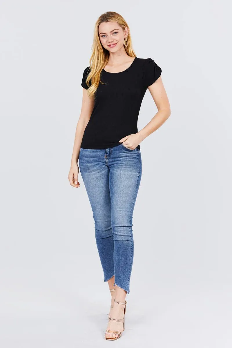 Short Tulip Puff Sleeve Round Neck Rib Knit Top