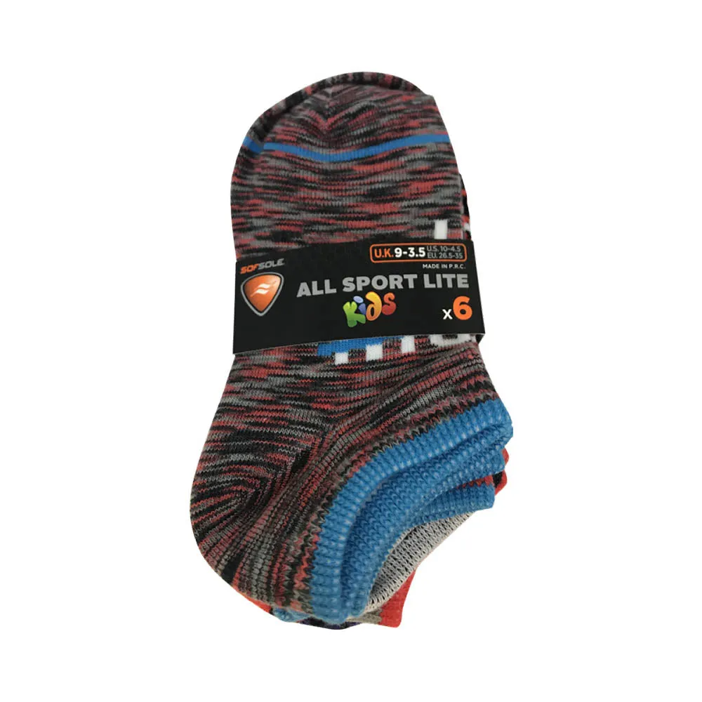 Sof Sole Kids/Youth Socks All Sports Lite No Show 6-pack (Boys and Girls Colors)