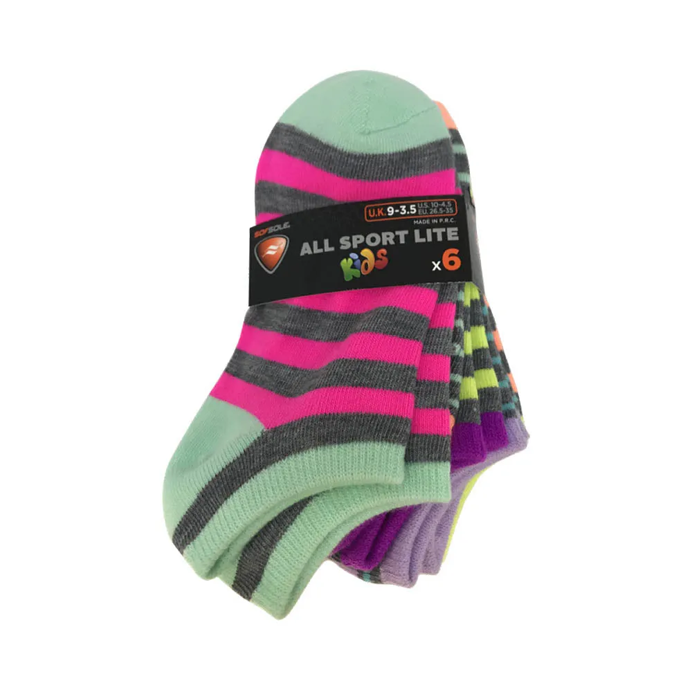 Sof Sole Kids/Youth Socks All Sports Lite No Show 6-pack (Boys and Girls Colors)