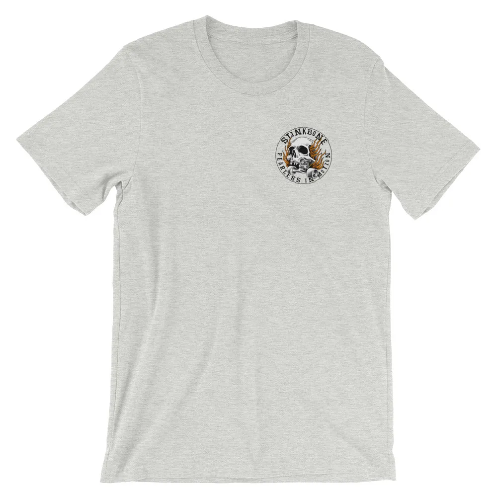 StinkBone Flaming Skull Short-Sleeve Unisex T-Shirt Black Lettering
