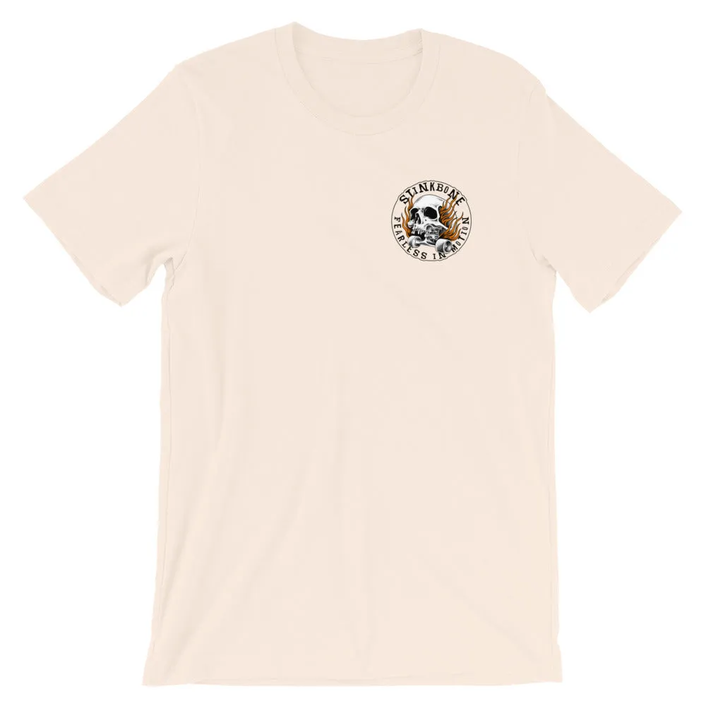 StinkBone Flaming Skull Short-Sleeve Unisex T-Shirt Black Lettering